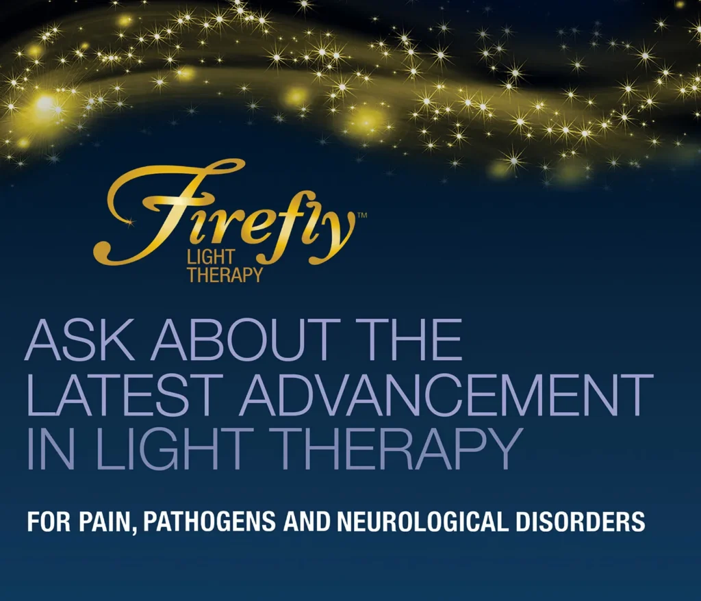 Firefly Light Therapy educational graphic discussing pain support, pathogens, neurological wellness, and photobiomodulation therapy.