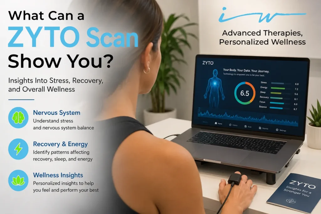 Graphic explaining how a ZYTO scan may provide wellness insights related to stress, recovery, nervous system balance, and overall wellness.
